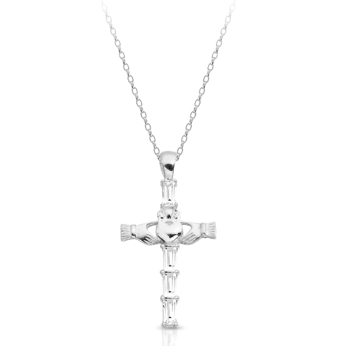 9ct White Gold Claddagh Cross Pendant studded with Cubic Zirconia Baguettes - P211W