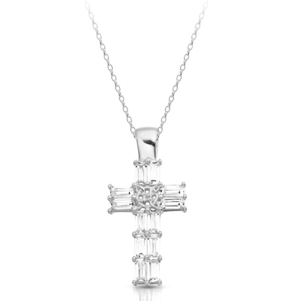 9ct White Gold CZ Celtic Cross studded with Baguette shape Cubic Zirconia.