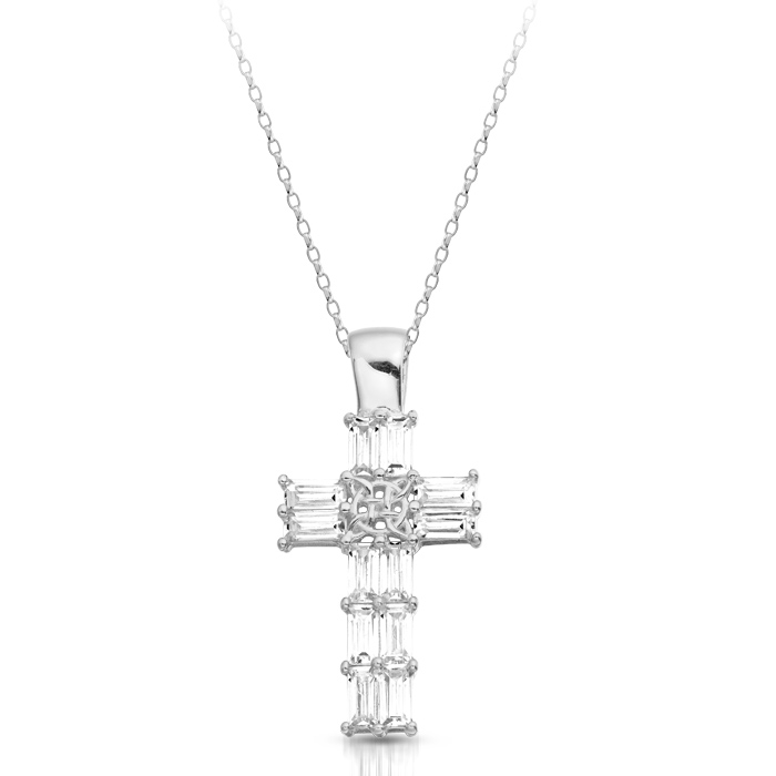 9ct White Gold CZ Celtic Cross studded with Baguette shape Cubic Zirconia.