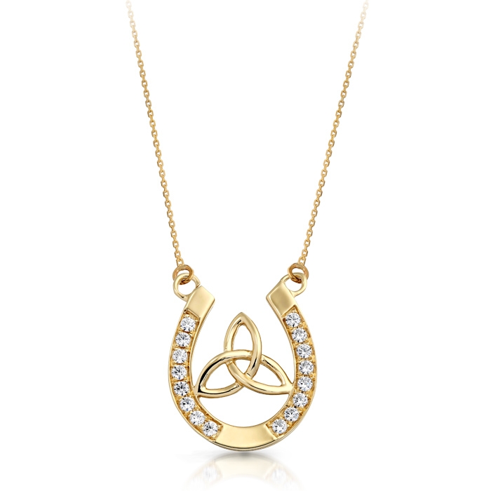 9ct Gold CZ Celtic Pendant in Horse Shoe Shape with Trinity Knot in the centre. Studded with Micro Pavé CZ Stone setting - P016