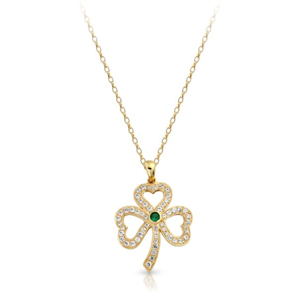 9ct Gold CZ Shamrock Celtic Pendant studded with Micro Pavé CZ Stone setting and Emerald Green CZ takes the centre stage - P019S