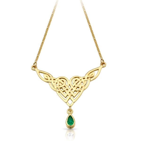 9ct Gold Celtic Pendant Necklace style with dangling drop of Pear Shape CZ Emerald - P035G