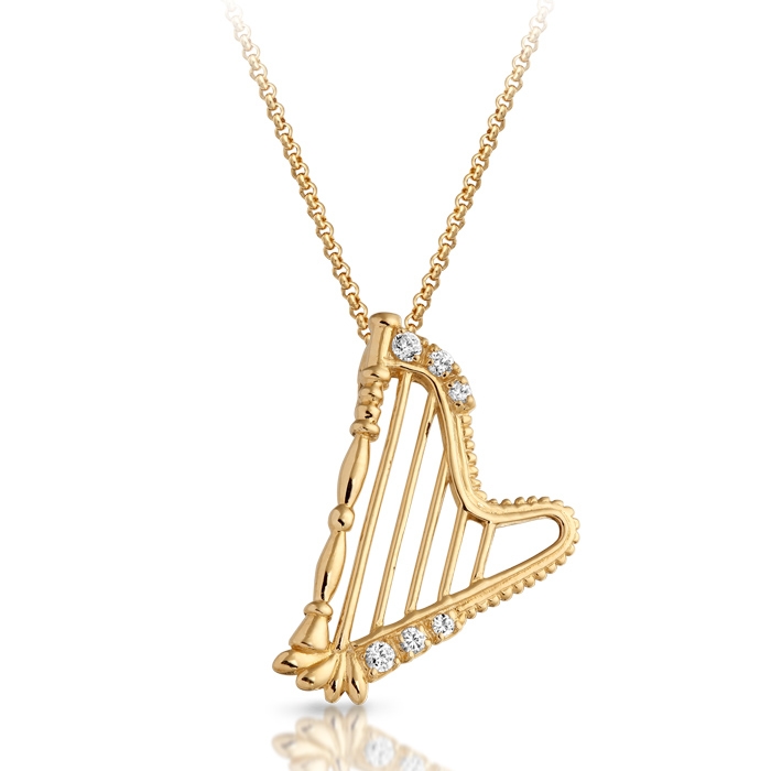 9ct Gold Harp Celtic Pendant studded with Cubic Zirconia and crafted in Ireland - P18