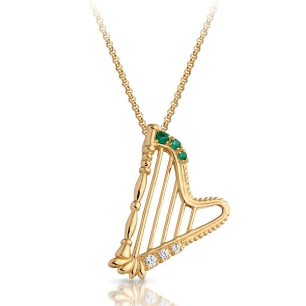 9ct Gold Harp Pendant crafted in Ireland and Emblem with CZ and synthetic Emerald - P18G