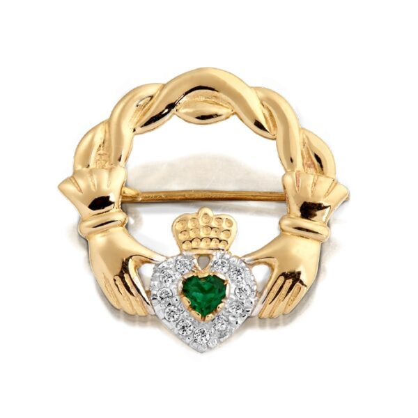 9ct Gold Claddagh Brooch studded with CZ and Synthetic Emerald - BR1CZ