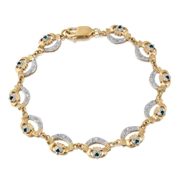 9ct Gold Claddagh Bracelet studded with CZ and synthetic Emerald - CLB4G