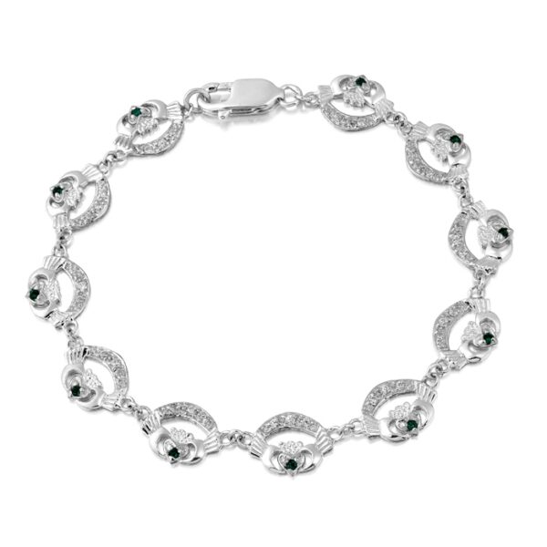 9ct White Gold Claddagh Bracelet studded with CZ and synthetic Emerald - CLB4GW