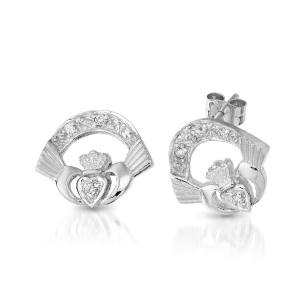 9ct White Gold CZ Claddagh Earrings. - CLEWCZ