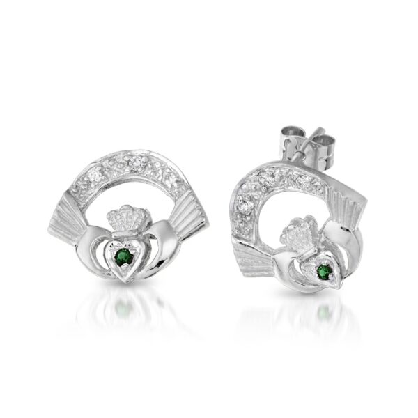 9ct White Gold Claddagh Earrings studded with CZ and Synthetic Emerald - CLEWG