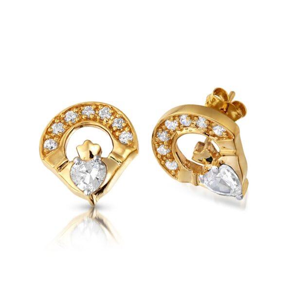 9ct Gold Claddagh Earring studded with Micro Pave CZ stone setting - E187