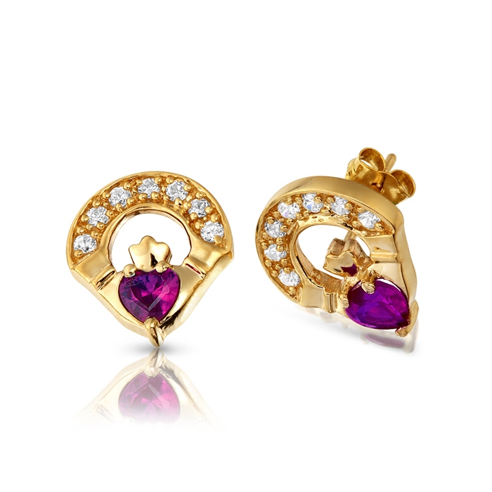 9ct Gold CZ Amethyst Claddagh Earrings - E187A