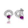 9ct White Gold CZ Amethyst Claddagh Earrings - E187AW