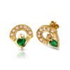 9ct Gold Emerald Claddagh Earrings studded with Cubic Zirconia and CZ Emerald in Micro Pave stone setting - E187G