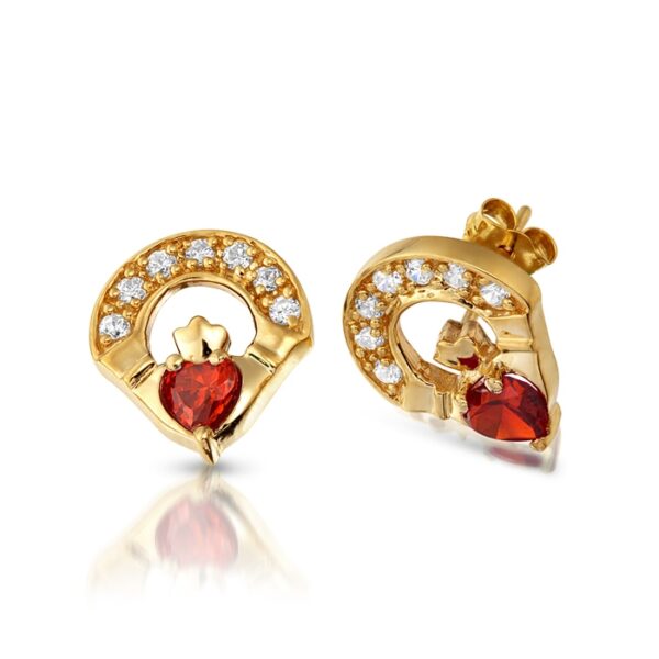 9ct Gold Garnet Claddagh Earrings studded with Micro Pave CZ stone setting - E187GAR