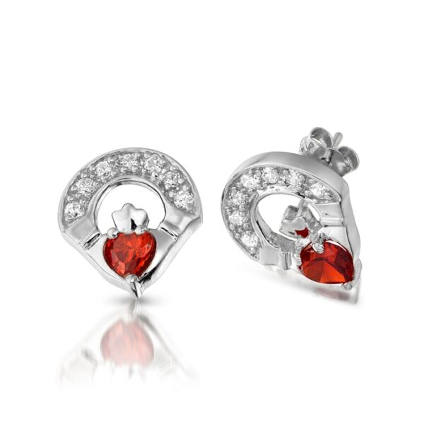 9ct White Gold Garnet Claddagh Earrings studded with Micro Pave CZ stone setting. Best Quality Irish Jewellery and Price Promise - E187GARW