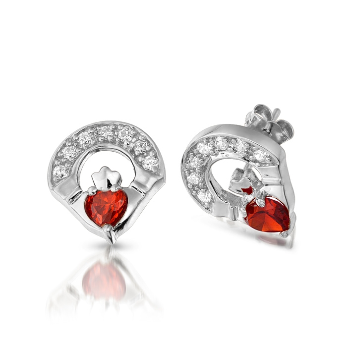 9ct White Gold Garnet Claddagh Earrings studded with Micro Pave CZ stone setting. Best Quality Irish Jewellery and Price Promise - E187GARW