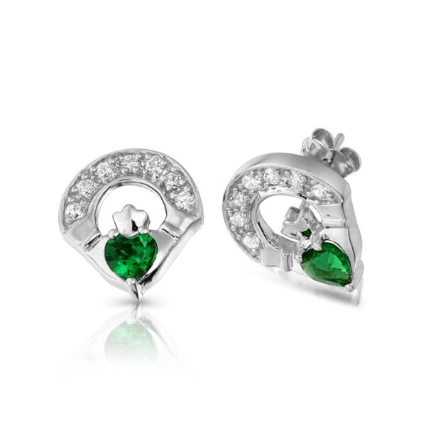 9ct White Gold Emerald Claddagh Earrings studded with Cubic Zirconia and Synthetic Emerald in Micro Pave stone setting - E187GW
