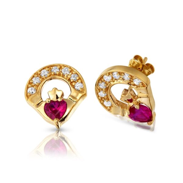 9ct Gold Ruby Claddagh Earrings studded with Cubic Zirconia and CZ Ruby in Micro Pave stone setting - E187R