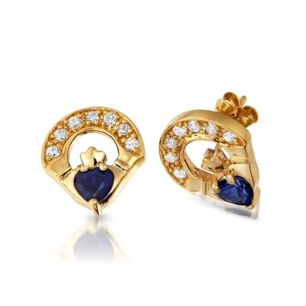 9ct Gold Sapphire Claddagh Earrings studded with Synthetic Sapphire and CZ Micro Pave stone setting - E187S