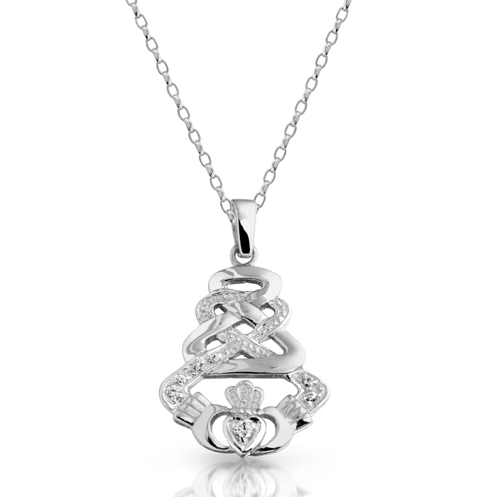 Silver Claddagh Pendant with Celtic Knot Design and studded with Cubic Zirconia - SP33CZ