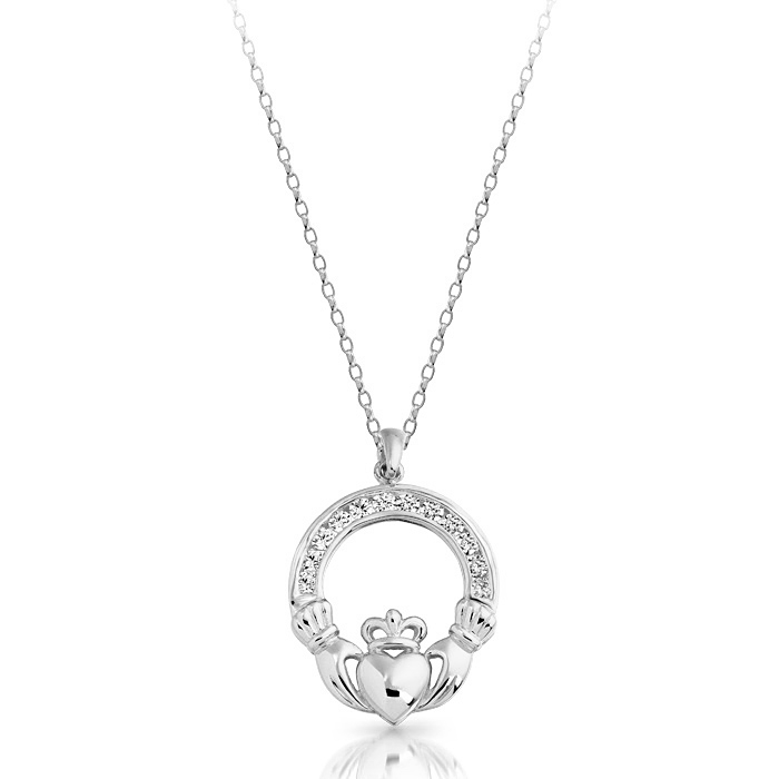 Silver Claddagh Pendant decorated with CZ in precision set stone setting.