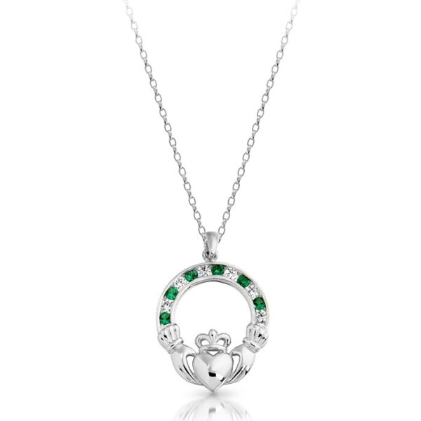 Silver Claddagh Pendant set with a repeating pattern of CZ and Emerald.