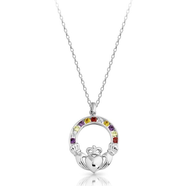 Silver Claddagh Pendant decorated with Multicolored CZ.