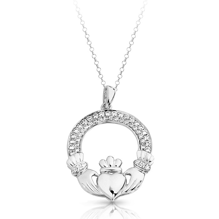 Silver Claddagh Pendant embellished with glittering CZ Stones - SP018