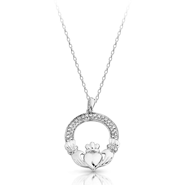 Silver Claddagh Pendant embellished with glittering CZ Stones - SP018S