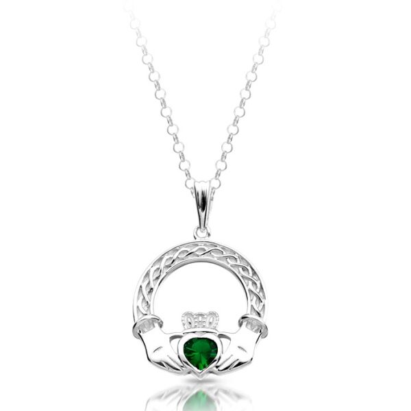 Silver Claddagh Pendant studded with Green Cubic Zirconia - SP023G