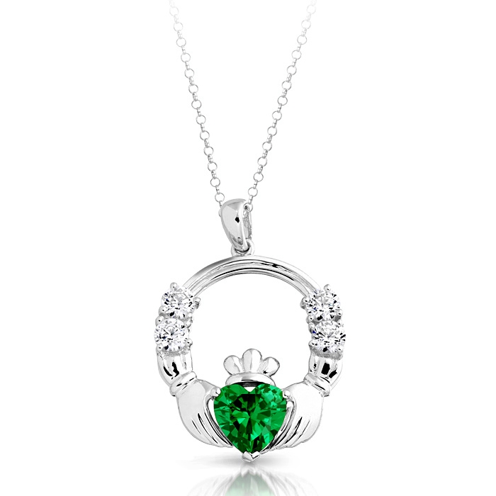 Silver Ladies Claddagh Pendant studded with Green and clear CZ - SP015S