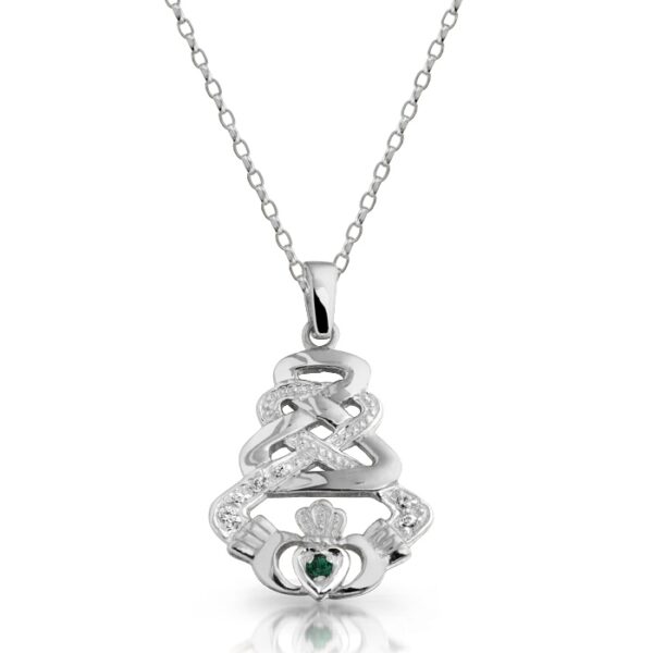 Silver Claddagh Pendant with Celtic Knot Design and studded with Cubic Zirconia -SP33CZG