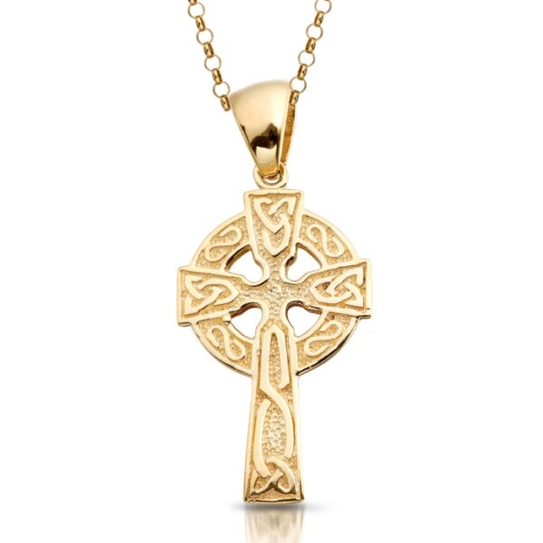 9ct Gold Celtic Cross with intricate detailing.