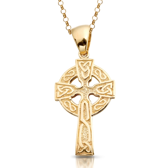 9ct Gold Celtic Cross with intricate detailing.