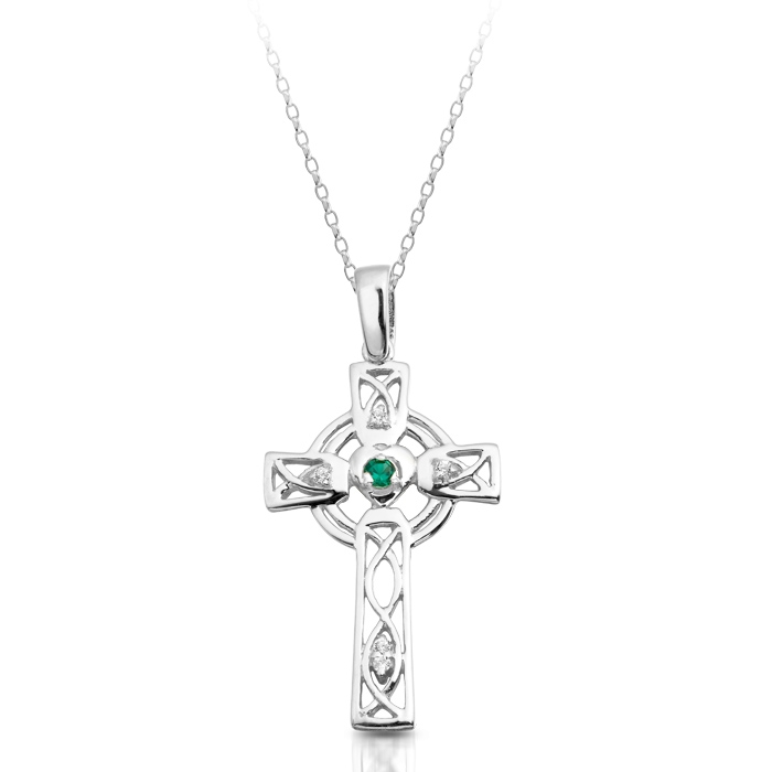 Silver CZ Celtic Cross studded with Synthetic Emerald.