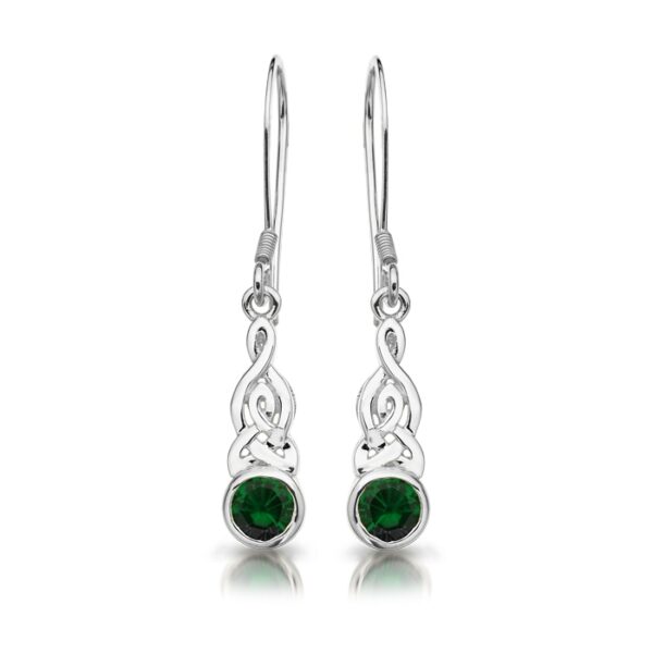Silver Celtic Earrings studded with Round shape CZ Emerald.