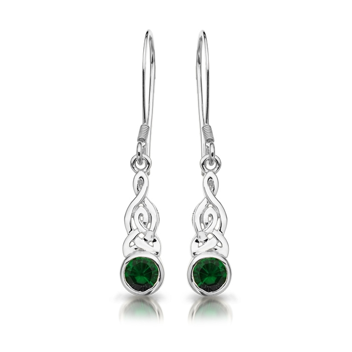 Silver Celtic Earrings studded with Round shape CZ Emerald.