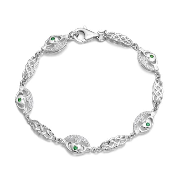 Silver Claddagh Bracelet studded with Micro Pavé CZ and Emerald and combined with Celtic Knot design - SCLB35