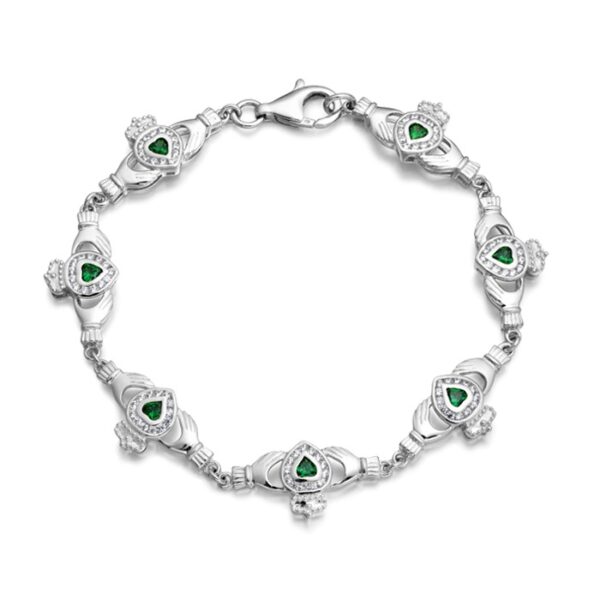 Silver Claddagh Bracelet studded with CZ and Emerald - SCLB38