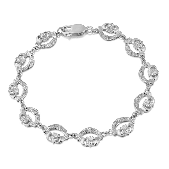 Silver Claddagh Bracelet studded with CZ and crafted in Ireland - SCLB4CZ