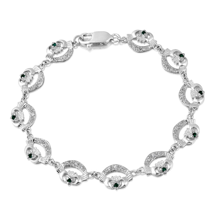 Silver Claddagh Bracelet studded with Cubic Zirconia and crafted in Ireland SCLB4CZG