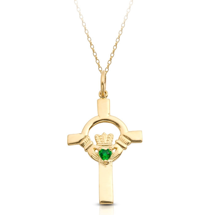 9ct Gold Claddagh Cross Pendant set with Emerlad Green CZ - C1G