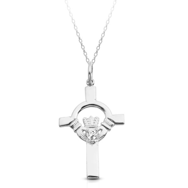 9ct White Gold Claddagh Cross set with CZ in the centre. C1W