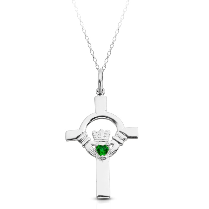 9ct White Gold Claddagh Cross with Emerald Green CZ set in the centre - C1WG