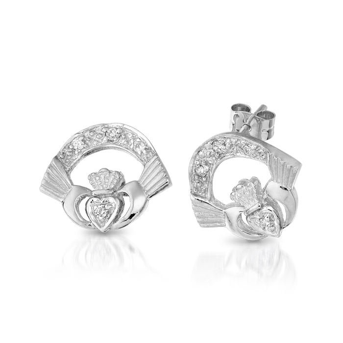 Silver Claddagh Earrings studded with Cubic Zirconia - SCLECZ