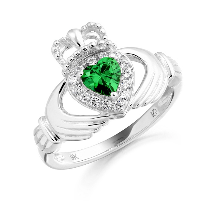 Silver Claddagh Ring set with Heart shape Synthetic Emerald - SCL28G