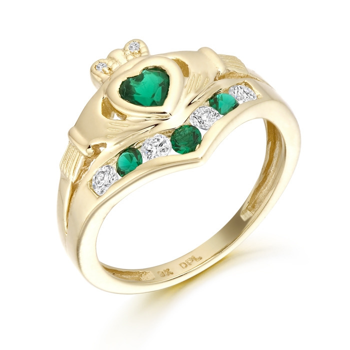 Claddagh Ring studded with precision set repeating pattern of Synthetic Emerald and CZ. - CL29
