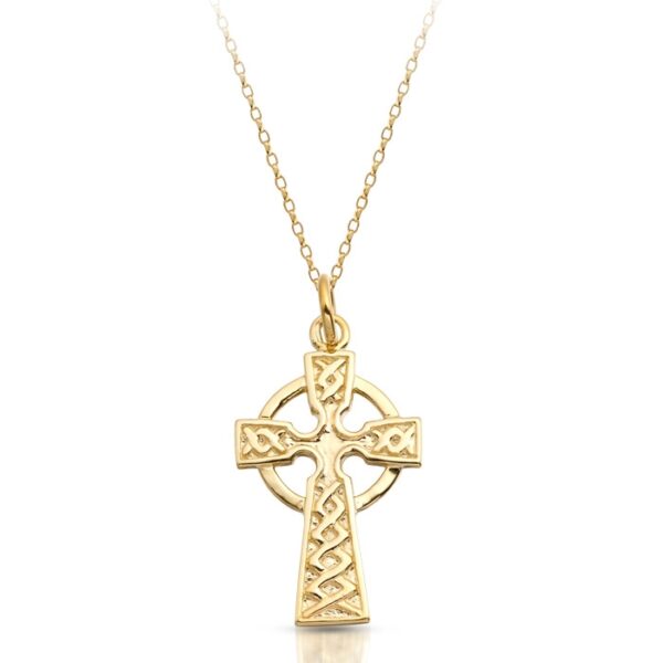 9ct Gold Celtic Cross Pendant embossed with traditional Celtic knot work - C127