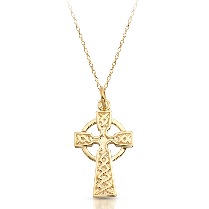 9ct Gold Celtic Cross Pendant embossed with traditional Celtic knot work - C127