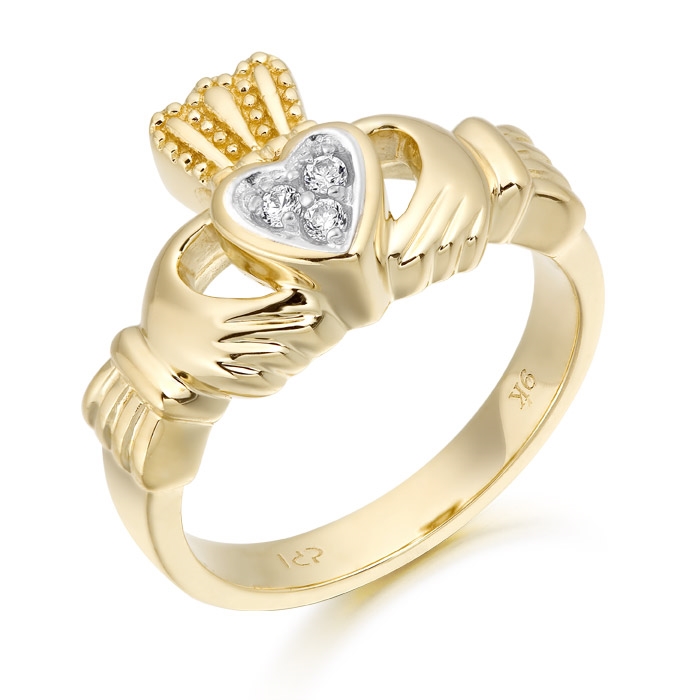 Claddagh Ring crafted from 9ct Gold and studded with Cubic Zirconia.